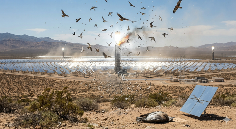 O paradoxo da energia solar térmica e os riscos fatais para a biodiversidade das aves migratórias no deserto