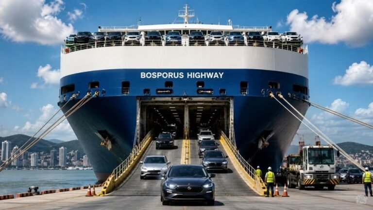 Navio gigante de quase 200 metros atraca em Itajaí com 599 carros de luxo